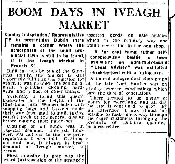 A nice article written for the Sunday Independent December 22 1946. A busy Christmas time for the Iveagh Markets. It would be great to have a Christmas Market every year!!#reclaimiveaghmarkets
