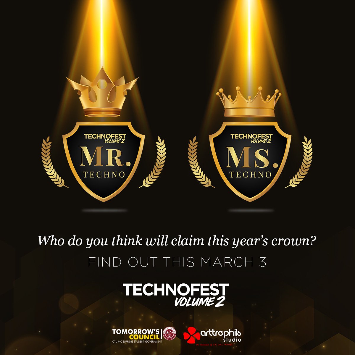ctumcssg's tweet photo. Who do you think will be crowned? 

The candidates for this year's MR and MS TECHNOFEST will be revealed later at 6PM. 

Be sure to be around that time as it is also the launching for the online voting.

#TECHNOFEST2018 
#TomorrowsCouncil 
#CTUMCSSG https://t.co/UMfcTmRC5p