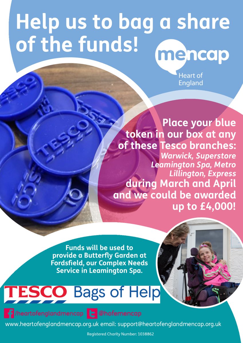 Vote in @Tesco_Midlands stores in March and April to help us secure a Tesco #bagsofhelpgrant  we would like to create a butterfly garden for our Complex Needs #LD service in Leamington!