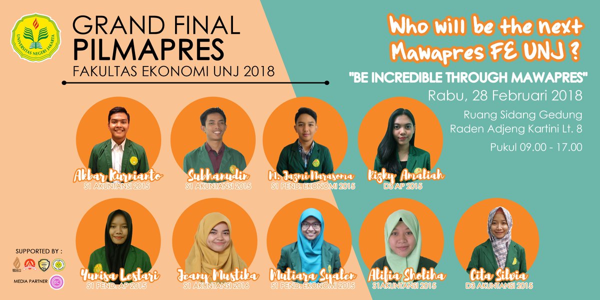 [MEDIA PARTNER]

[DATANG DAN SAKSIKAN]

Hallo Fakultas Ekonomi dan UNJ...

GRAND FINAL PILMAPRES FE UNJ 2018
"Be Incredible Through Mawapres"

🗓 Rabu, 28 Februari 2018
🏬 Ruang Sidang Manajemen, Gd. RA Kartini Lt. 8
⌚ 09.00 - selesai 

📱08989047168
📸 @mawapresfeunj