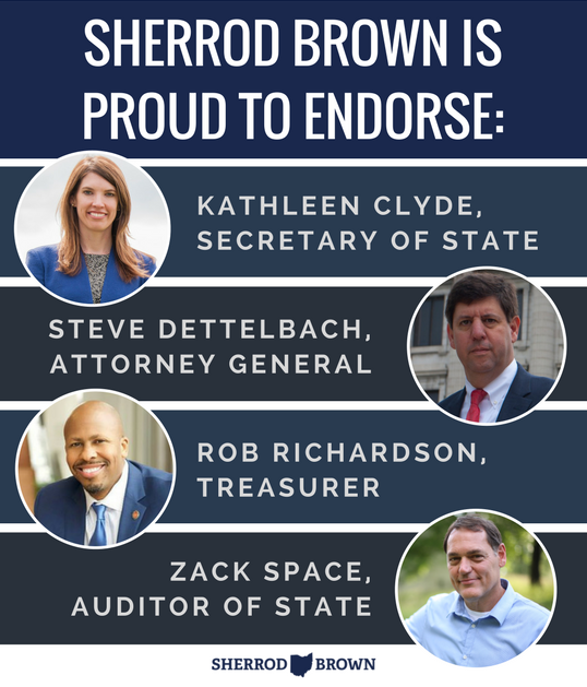 SherrodBrown's tweet photo. I'm proud to endorse the strongest slate of candidates Ohio has ever seen. I look forward to working with them to level the playing field for hardworking Ohioans and create more opportunities for middle-class families. -SB https://t.co/PFGUYSo3DA