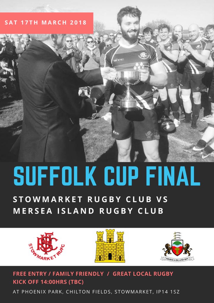 SUFFOLK CUP FINAL - Sat 17th March at Chilton Fields.  Watch Stow battle it out with <a href="/MerseaRFC/">Mersea Island RFC</a> for the honours of the Suffolk Cup. <a href="/SuffolkRU/">Suffolk Rugby Union</a> <a href="/ECRURUGBY/">Eastern Counties RU</a> <a href="/STCTeamwear/">STC Teamwear</a> @Muntons <a href="/Aspall/">Aspall</a>