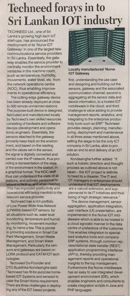 TechneedInt's tweet image. Techneed Makes Foray in to Sri Lankan IOT industry
#Techneed #SriLanka #IoT #NurveIOTGateway #DevOps #Telecommunication #SmartCity #NurveSmartCity #Ecosystem
#Technology @FT_SriLanka @DailyNews_lk #lka @TechneedInt