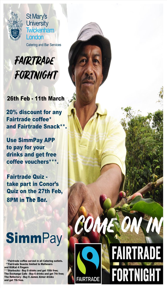 StMarysCatering's tweet photo. 20% off any #Fairtrade drinks &amp; #Fairtrade chocolate in any of our outlets!
#FairtradeFortnight #Coffee #CoffeeLover #MondayMotivation https://t.co/8LYrPPGFIl