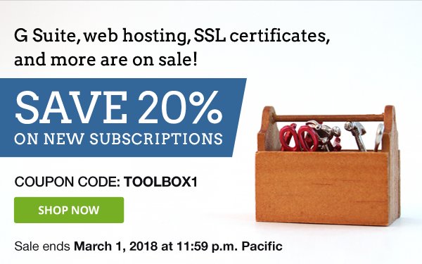 All the #website tools you need are on #sale! Save 20% when you use coupon code TOOLBOX1 on Dotster.com. Exclusions apply.