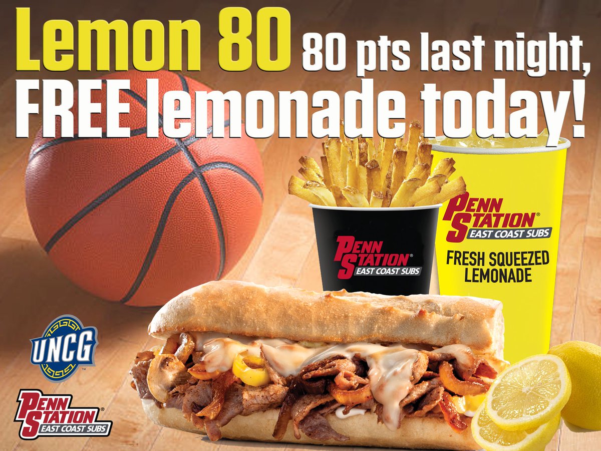 uncgspartans's tweet photo. Since @UNCGBasketball scored over 80 points last night, show this post at @PennStationSubs in Greensboro to get a FREE lemonade! #letsgoG #lemon80 https://t.co/dKyP20hMDa