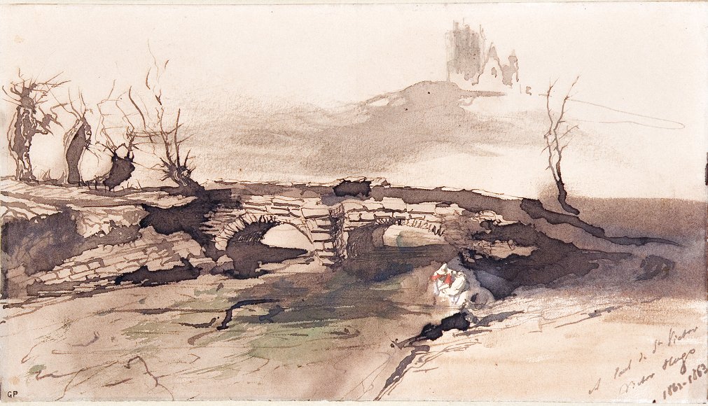 #CeJourLa en 1802 naissait Victor Hugo ! 
▶️Ce dessin "Paysage au pont près de Salm, le château dans le fond" est doublement daté de 1862-1863. Il s'agit peut-être d’un dessin offert pour le changement d’année, Hugo envoyait à cette occasion des cartes de vœux dessinées.