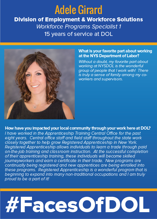 NYSLabor's tweet photo. Happy Monday! Check out our latest #FacesOfDOL nominee, Adele Girard! #NYLabor #MondayMotivation https://t.co/bdVGngWDHw