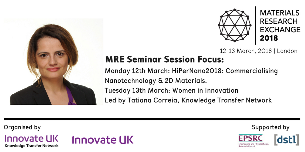 IUK_Materials's tweet photo. Not one but TWO great seminar sessions w/ @TMPCorreia at #MRE18 in March. Leading materials innovation conference &amp; exhibition @TheBDC  #London with @KTNUK  @innovateuk Still time to book as an exhibitor or delegate visit https://t.co/VQWzir3Jjg #womeininnovation #STEM https://t.co/ZQEeEwhPmI