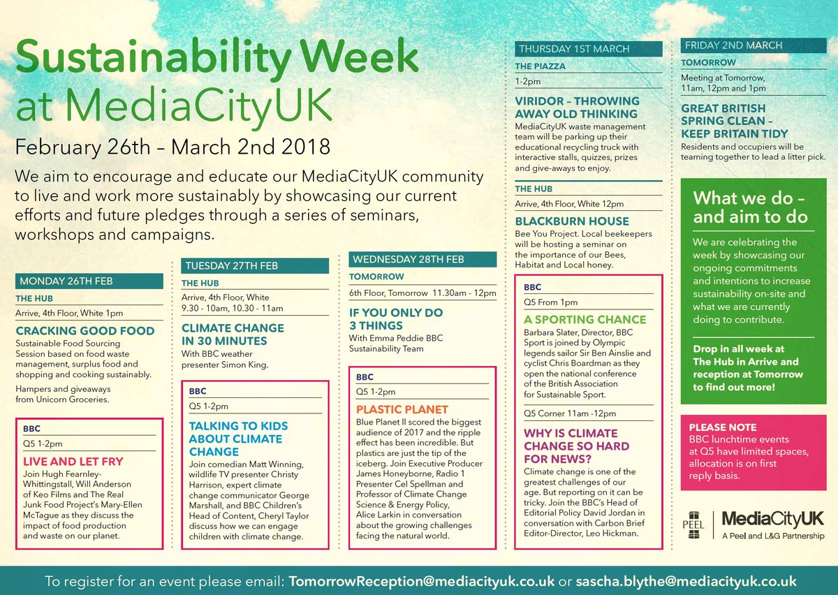 MediaCityUK are celebrating sustainability season! Lots of exciting workshops and seminars to attend this week, over at Arrive! For further details, please contact: sascha.blythe@mediacityuk.co.uk