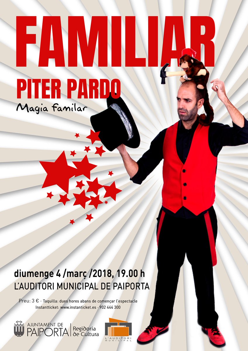 Diumenge 04/03, 19:00 h, diumenge màgic a l'<a href="/Auditoripaiport/">Auditori de Paiporta</a> de l'<a href="/Ajunt_Paiporta/">Ajuntament Paiporta</a>. "Familiar" amb <a href="/piterpardo1/">Piter Pardo</a>.
Entrada 3,00 €, ja a la venda en goo.gl/dFC1rE. #CulturaPaiporta #Paiporta ♠️♥️♦️♣️😊