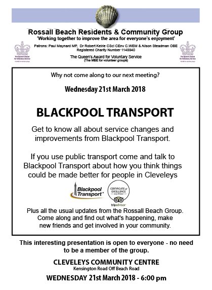 Next meeting of Rossall Beach Buddies - buses &amp; trams - next month at Community Centre. Everyone welcome
#Beachclean - next Mon (5 March) at 9.30am #Cleveleys
