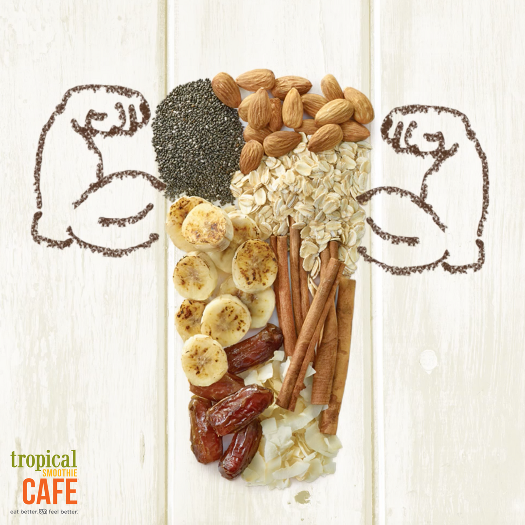 TSCOntheGo's tweet photo. Add peanut butter and Cacao Nibs and you've got our New Chia Banana Cacao! A meal in a cup #DrinkYourBreakfast #SmoothieLove https://t.co/faZLgtpu7f