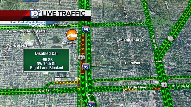 DISABLED CAR: I-95 SB & NW 79th St. A right lane is blocked and delays stretch back to NW 103rd St. #TRAFFIC #MIAMI https://t.co/TFc1j8RRtA