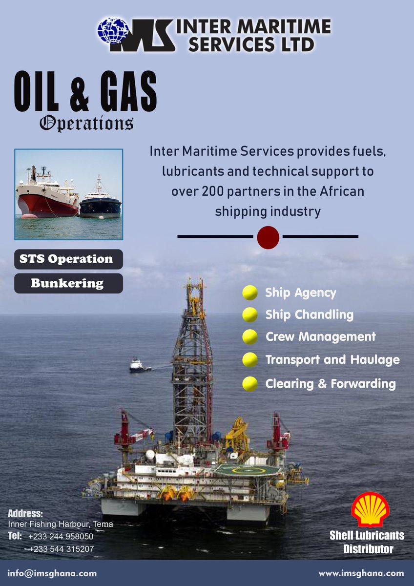 Thank you for your patronage of #IMSGhana. We are always available for your lubricant and bunkering needs. We have updated our services to include Chandelling, Clearing and Forwarding, Ship Agency, Meet and Greet. Send us a Tweet <a href="/intermaritime/">Inter Maritime</a>