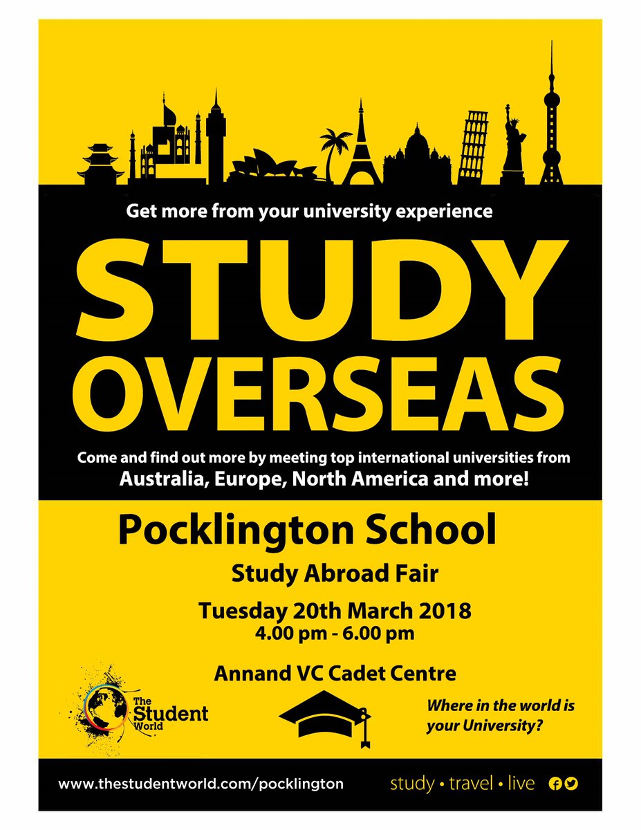 Meet overseas universities at the ‘Student World Study Abroad Roadshow’ <a href="/PockSchool/">Pocklington School</a> 20 March 2018 bit.ly/2F3RvjZ #careers #studyabroad #international