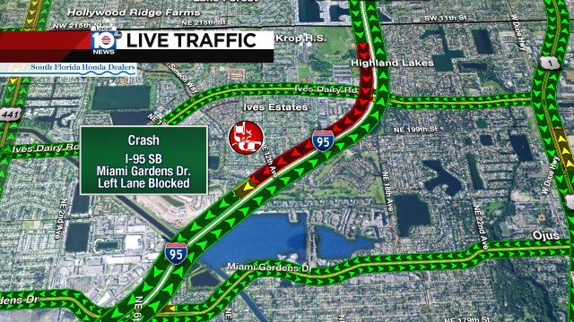 CRASH: I-95 SB before Miami Gardens Dr. A left lane is blocked and delays are starting to build. #TRAFFIC https://t.co/BPDAV3w3x6
