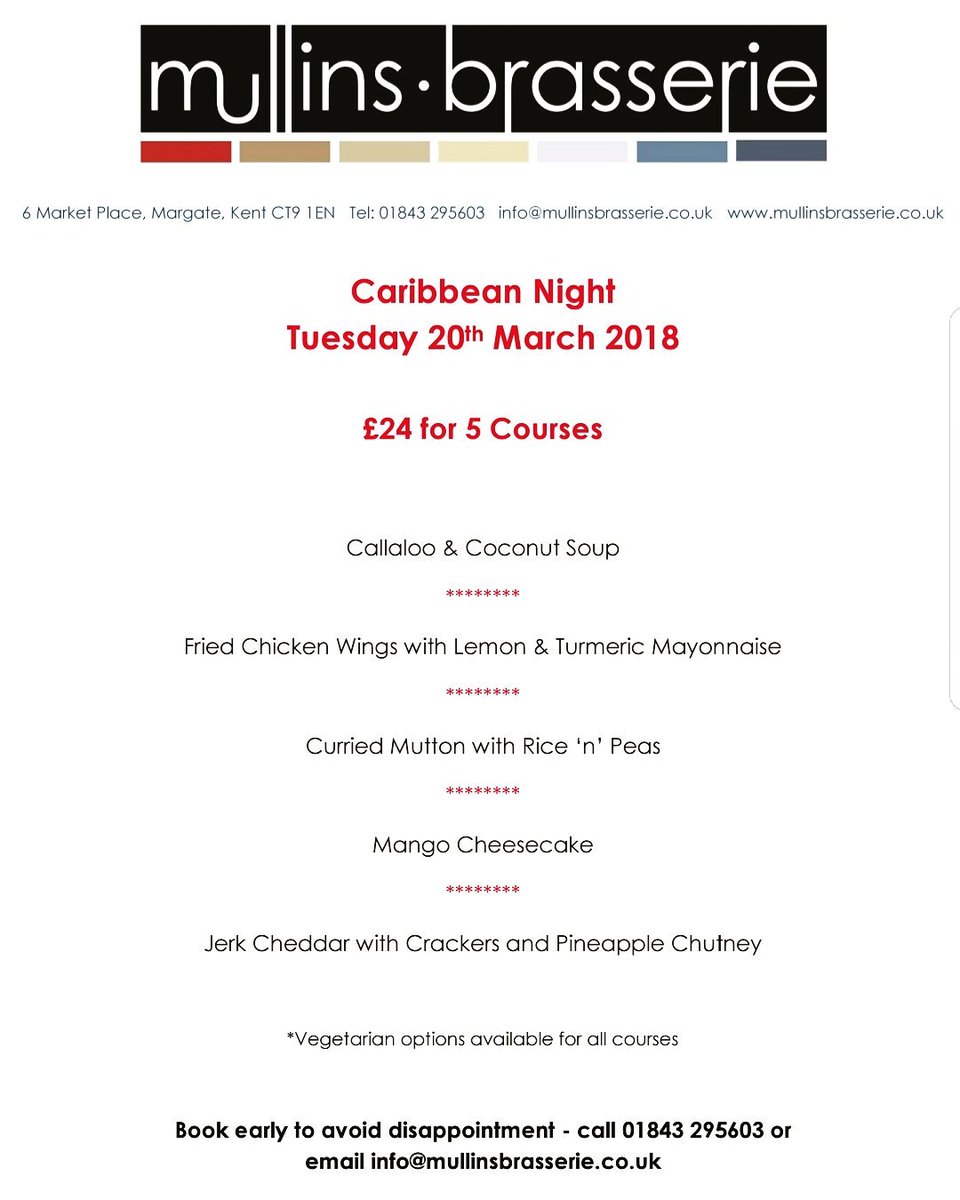 MullinsMargate's tweet photo. Here's the menu for our March Caribbean Night. Come on down, Curried Mutton with Rice 'n' Peas!! #caribbeanrestaurant #caribbeanfood #caribbeannight #curriedmutton #bajanchef #margaterestaurant #margate #margateoldtown 🇧🇧🇬🇧 https://t.co/k9FALEDu1R