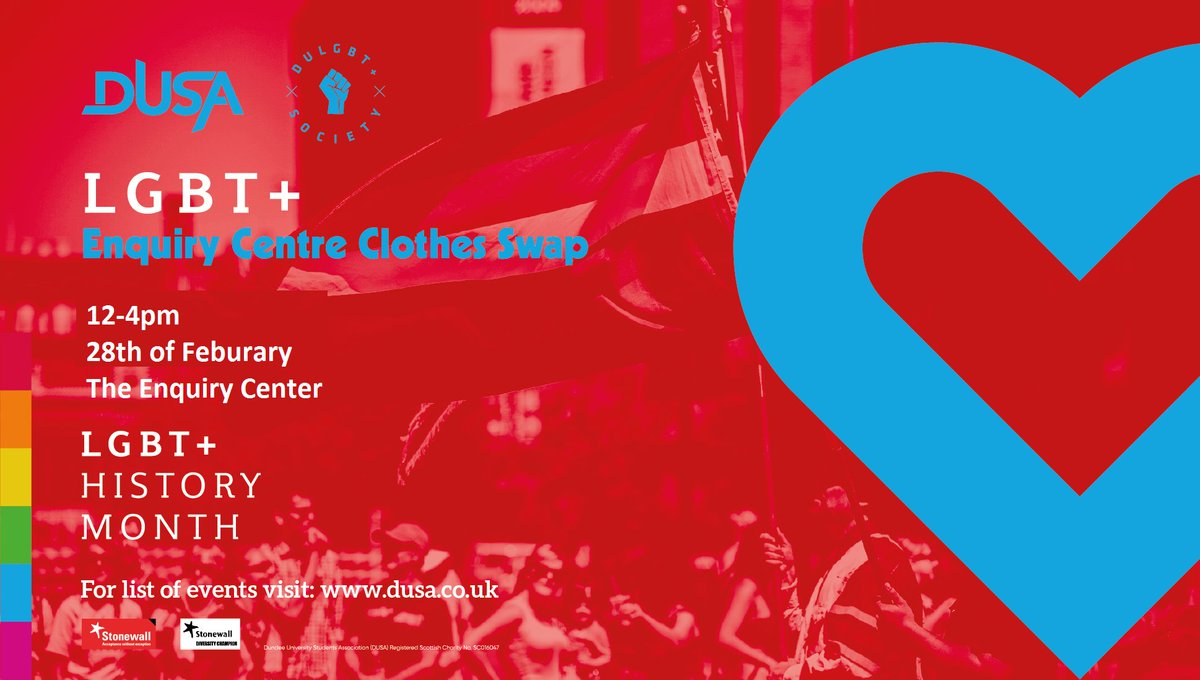 dusaexec's tweet image. Dundee is celebrating LGBT+ History Month
The Enquiry center is hosting a clothes swap on Wednesday the 28th 12-4pm. 
This event is open to everyone. The Enquiry center will be taking donations all day to day and tomorrow.