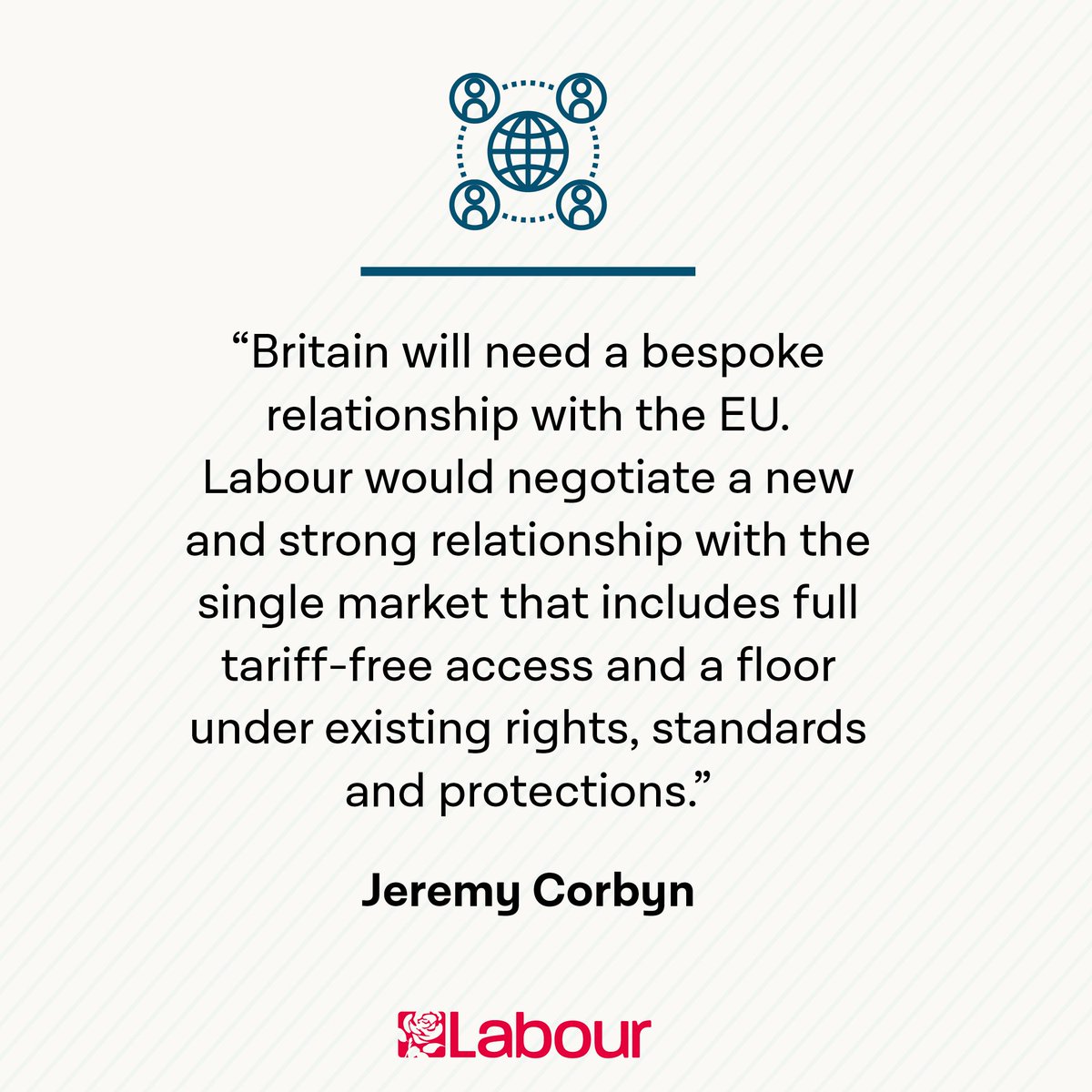 UKLabour's tweet photo. Britain will need a bespoke relationship with the EU. Labour would negotiate a new and strong relationship with the single market that includes full tariff-free access and a floor under existing rights, standards and protections. – @jeremycorbyn #CorbynSpeech https://t.co/pW6MeO02m0