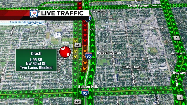 CRASH: I-95 SB & NW 62nd St. Two lanes are blocked. #TRAFFIC #MIAMI https://t.co/wiz16Ym7XH