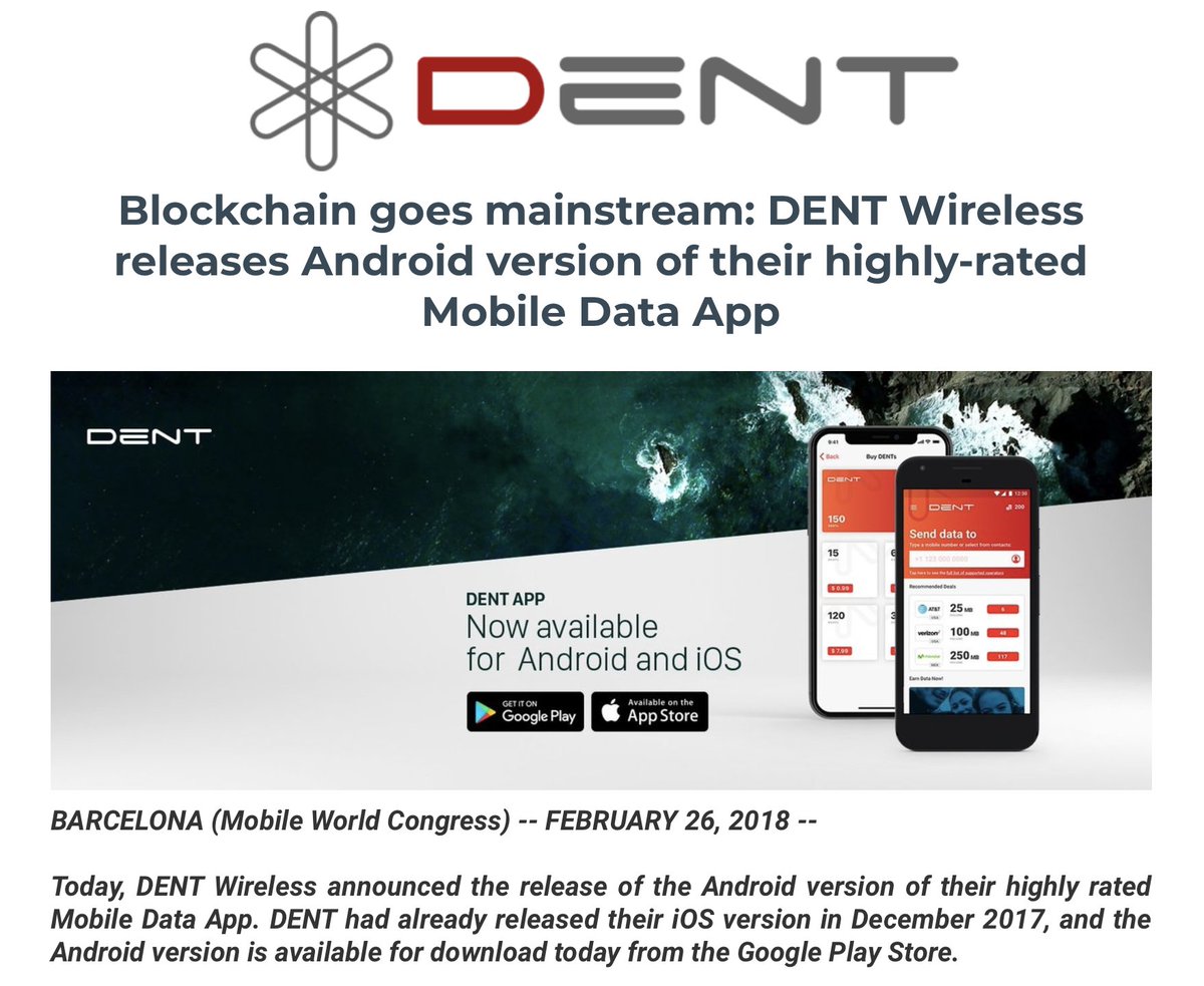 dentcoin's tweet image. DENT Android App is Live! Read the press release: bit.ly/2Cm0U5E
Download the App to your Android Phone: bit.ly/2sVPUIj Download the iOS App: apple.co/2zKC4Xq #dentcoin #blockchain #bitcoin #ethereum #btc #eth #mwc2018 #mwc18 #gsma #google #samsung #5g