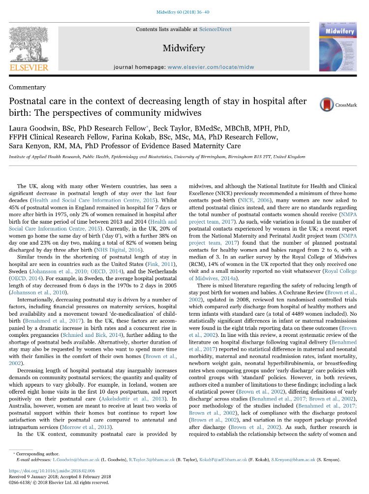 Another paper #published in the wonderful @MidwiferyJnl ☺🎉 This one about #postnatal #care and decreasing #lengthofstay in hospital after #birth 👶🏽 Free access for 50 days 👀 would love to hear your views - especially from any community #midwives! 💬 authors.elsevier.com/a/1WcbJydlTxfVE