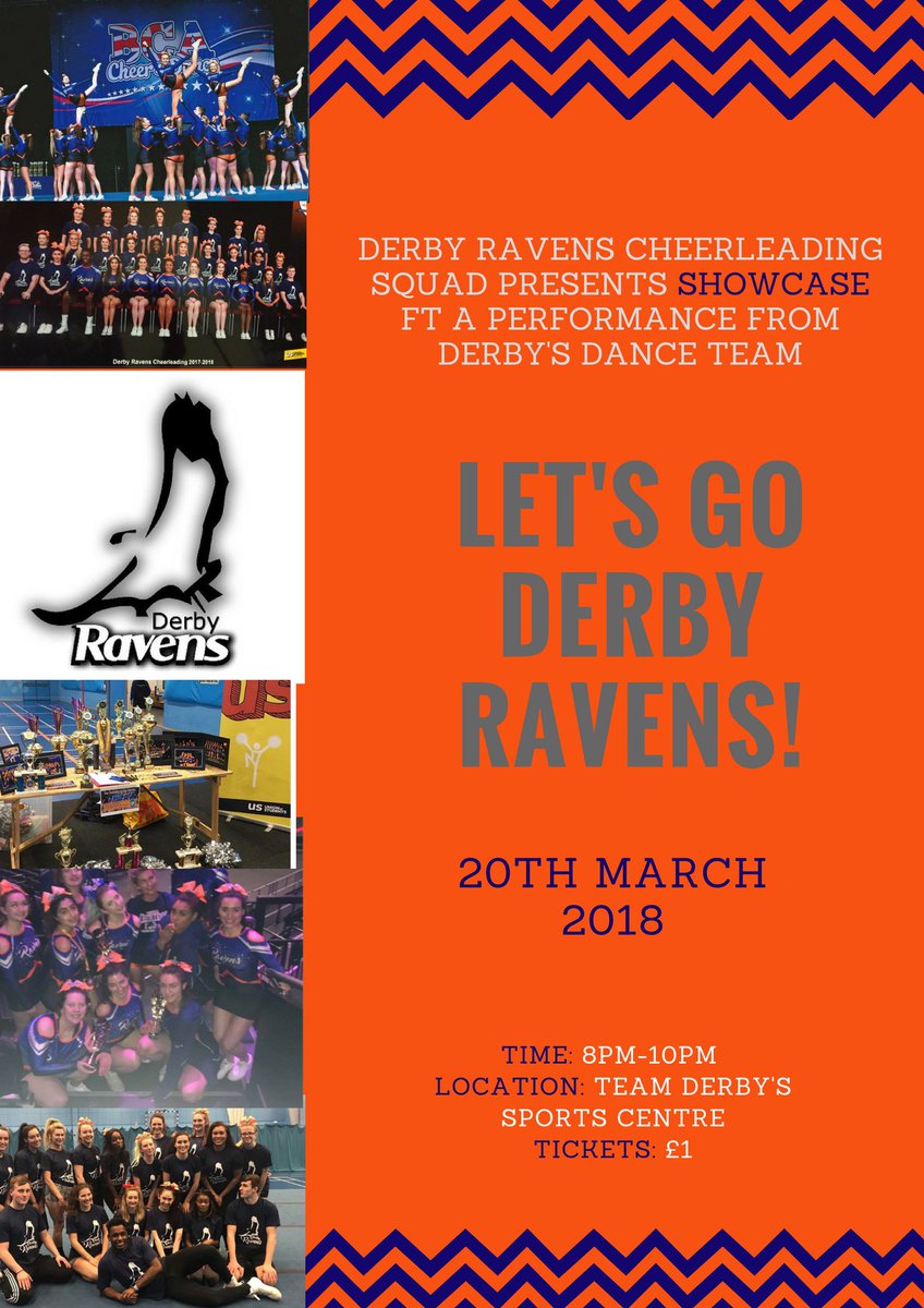DerbyRavens's tweet photo. Derby Ravens present SHOWCASE. 20th March 8-10pm. Tickets only ยฃ1 ft @derbydanceteam #showcase#derbyravens #cheershowcase https://t.co/P7VLeezUoc