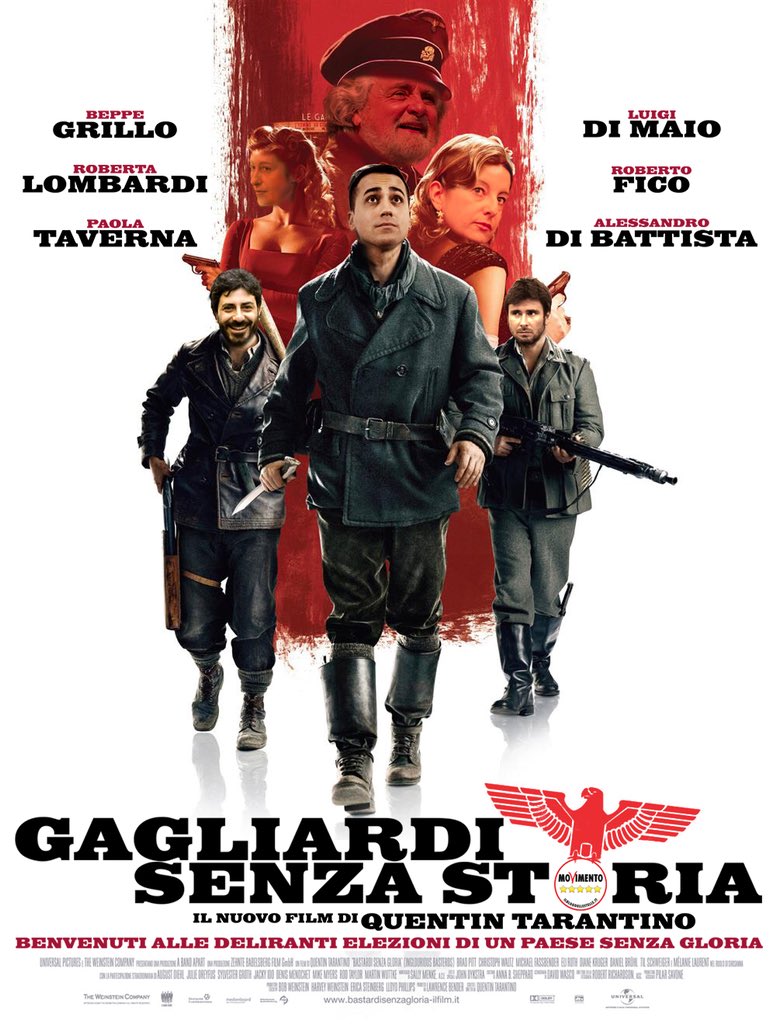 elezionicinema's tweet photo. Gagliardi senza storia, il 4 marzo in sala #ElezioniPolitiche2018 #elezioni2018 #elezionialcinema #photoshop #photoediting #luigidimaio #beppegrillo #alessandrodibattista #robertofico #robertalombardi #paolataverna #m5s #movimento5stelle #bastardisenzagloria #inglouriousbasterds https://t.co/SmbT6QBELY