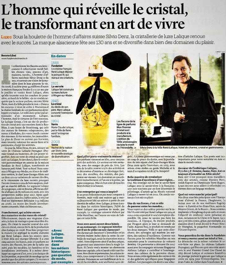 "Le château Lafaurie Peyraguey, qui fête ses 400 ans cette année sera le seul Premier Grand Cru Classé de 1855 décoré Lalique".
Silvio DENZ, Matin Dimanche 25.02.2018