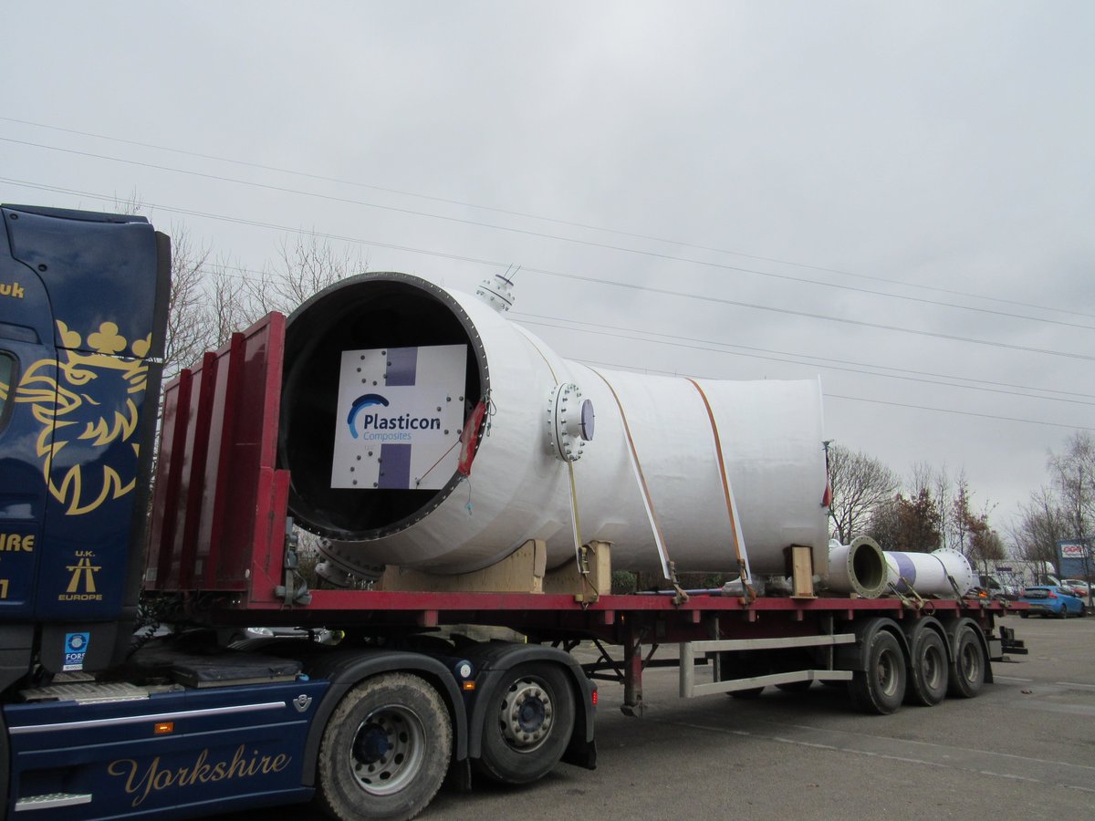 plasticonUK's tweet photo. GRP Quench Tower Inlet Barrel and pipework on the way to site in Billingham.  GRP process equipment made to your exacting requirements.  Contact us for more information #composites https://t.co/ZFotGOIuBx