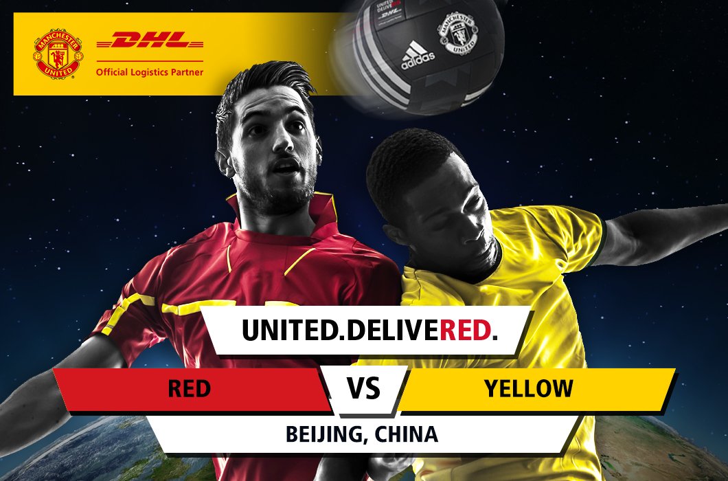 DHLManUtd's tweet photo. SHIRT GIVEAWAY! Will #TeamRED or #TeamYELLOW win this weekend in China? Follow, reply below, &amp; tag #DHLUnitedDelivered for the chance to win! And don't forget, the louder you shout the more likely you are to be noticed! https://t.co/kXNCLFHU4z