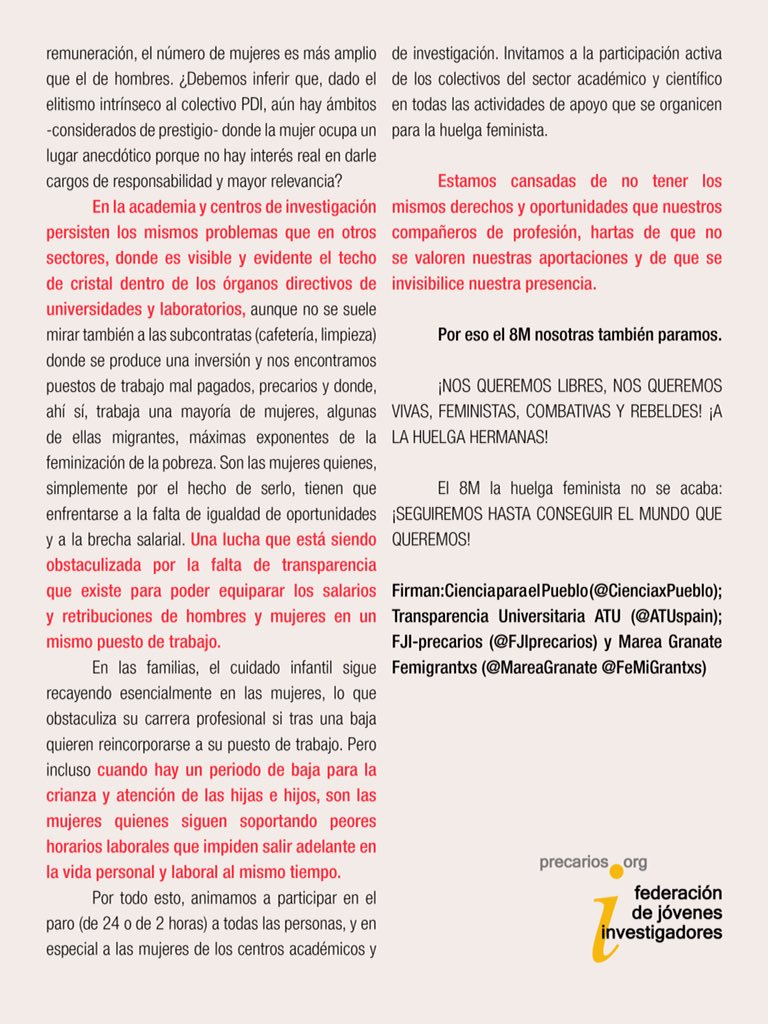 ¿Necesitamos una huelga feminista en el sector científico?
La respuesta es sí, rotundamente sí.  <a href="/CienciaxPueblo/">Apoyo mutuo en el sector científico</a> <a href="/ATUspain/">TRANSPARENCIAUNIV</a> <a href="/MareaGranate/">Marea Granate</a>