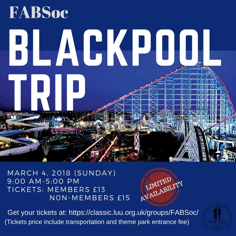 _FABSoc's tweet image. Hi guys! 

Come and join us to Blackpool Pleasure Beach Trip this weekend! 
Date: Sunday, 4/3/2018
Time: 9AM-5PM
Meeting time: 8:30AM at Parkinson Building, Leeds
                           5PM depart from Blackpool

Buy your tickets here: classic.luu.org.uk/groups/FABSoc/