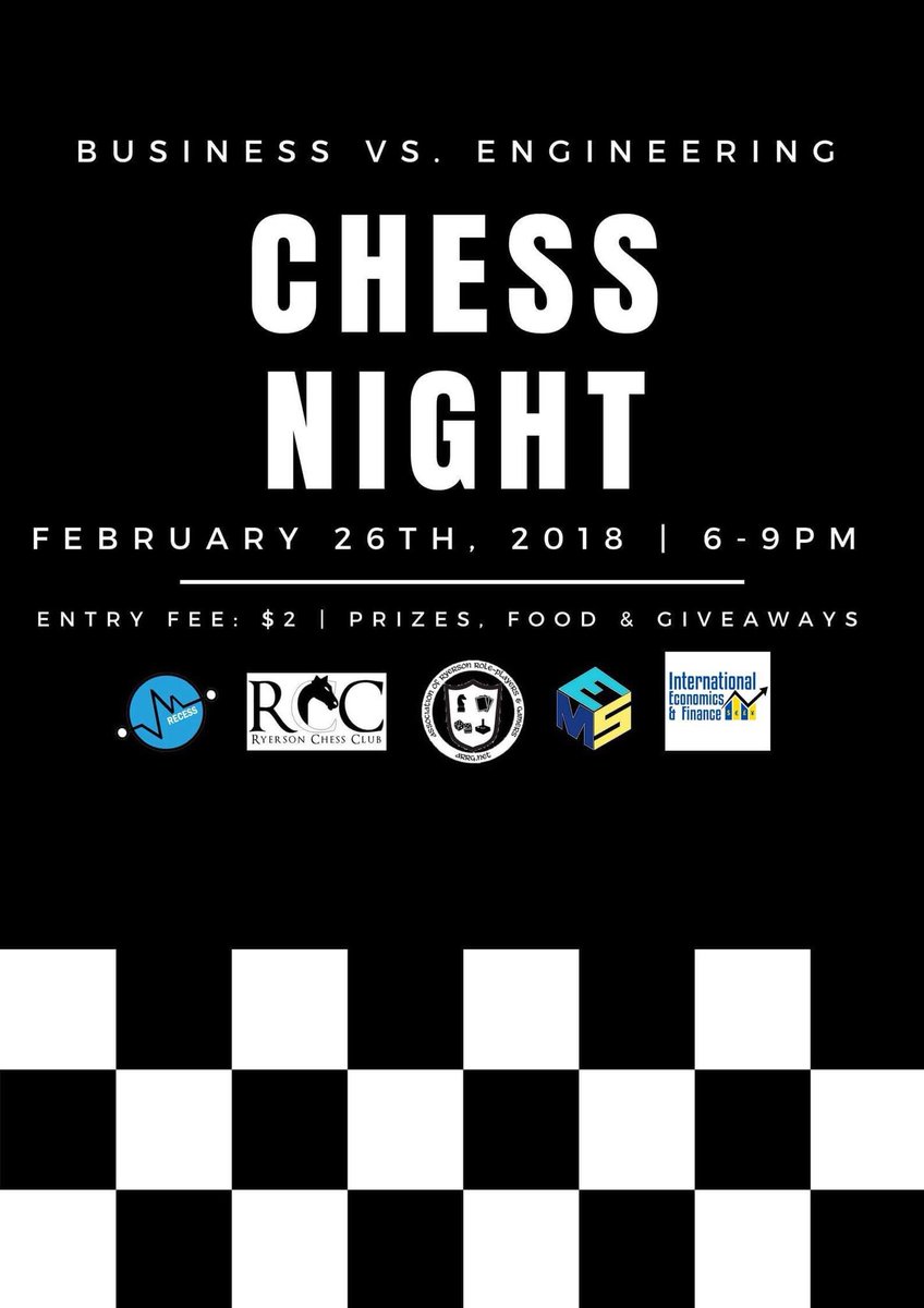 RUChessClub's tweet photo. Tonight is the #Business vs #Engineering #Chess Tournament from 6-9PM in the Thomas Lounge of SCC. 

$2 buy-in gives you the chance to win BIG prizes. There will also be a Free-Play Area and Free Food! 

#Whoisbetter https://t.co/o4YzGMUASu