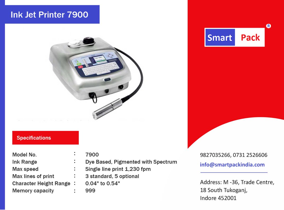 SmartPackIndia's tweet image. Ink Jet Printer 7900
We offering a coding solution with up to 3 lines of text, graphics and logos as standard, with up to 5 lines available if required, the Linux 7900 represents an advanced continuous ink jet printer.
#inkjet #printer #codingmachine #smartpack