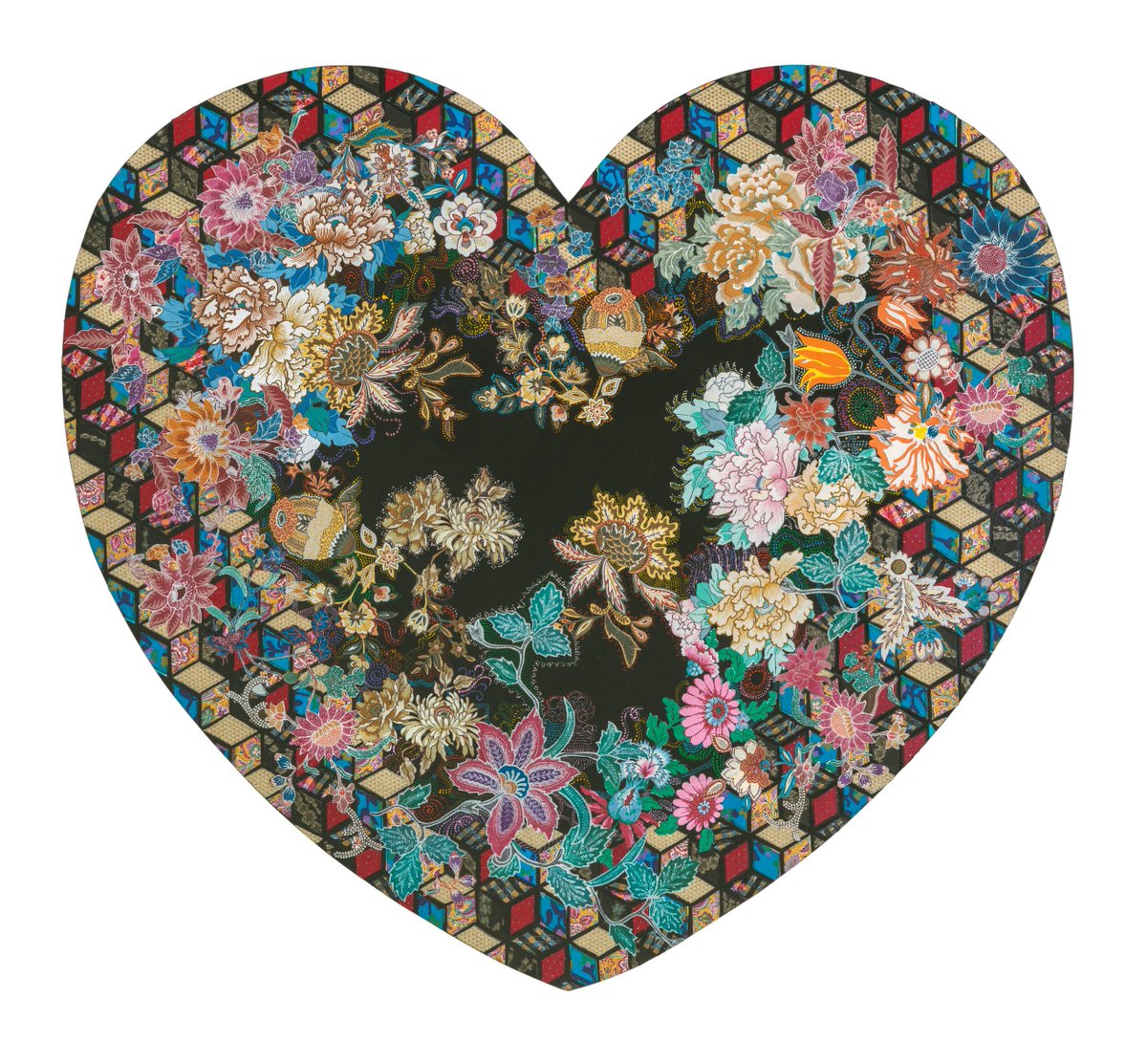 MADmuseum's tweet photo. Happy Valentine’s Day! This is "Baby Block Bouquet" (1981), a monumentally sized heart shaped canvas by feminist artist & founding member of the Pattern & Decoration movement, #MiriamSchapiro. "Surface Depth: The Decorative After Miriam Schapiro" opens Mar. 22 @ MAD #SurfaceDepth https://t.co/5scJO61Wjz