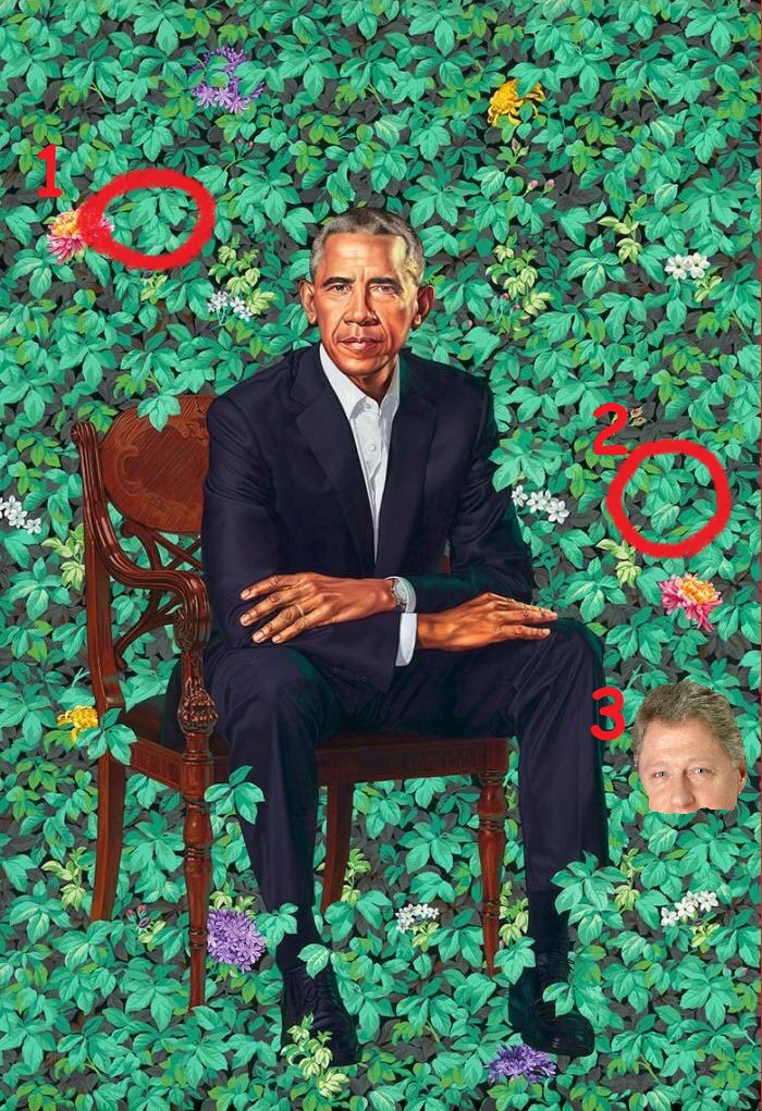 GMLmusic's tweet photo. More scandal as the #BarackObamaPortrait is revealed to contain a hidden snub against Trump.
References to all three predecessors have been found (indicated numerically below) while Trump has clearly been left out. Outrageous.
(1. President Bush, 2. Bush Jr, 3. Bill Clinton) https://t.co/oTwUMJAhIw