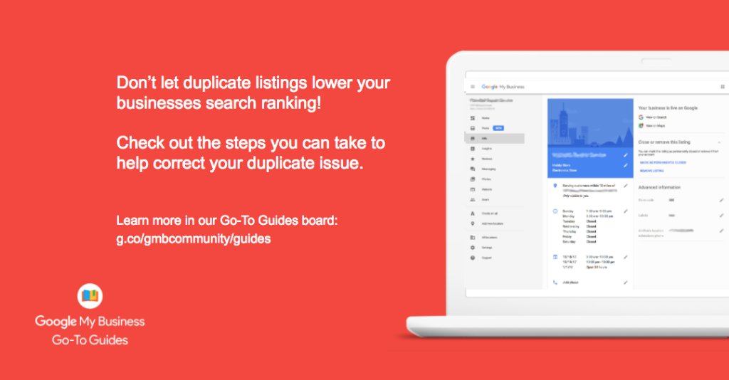 GoogleMyBiz's tweet photo. Duplicate issues? No worries! We’re showing you the different duplicate issues you may face as well as the steps to resolve them in our #GMBGoToGuides this week. Learn more here: https://t.co/aErQRvYN8M https://t.co/bPfsaCEWhF
