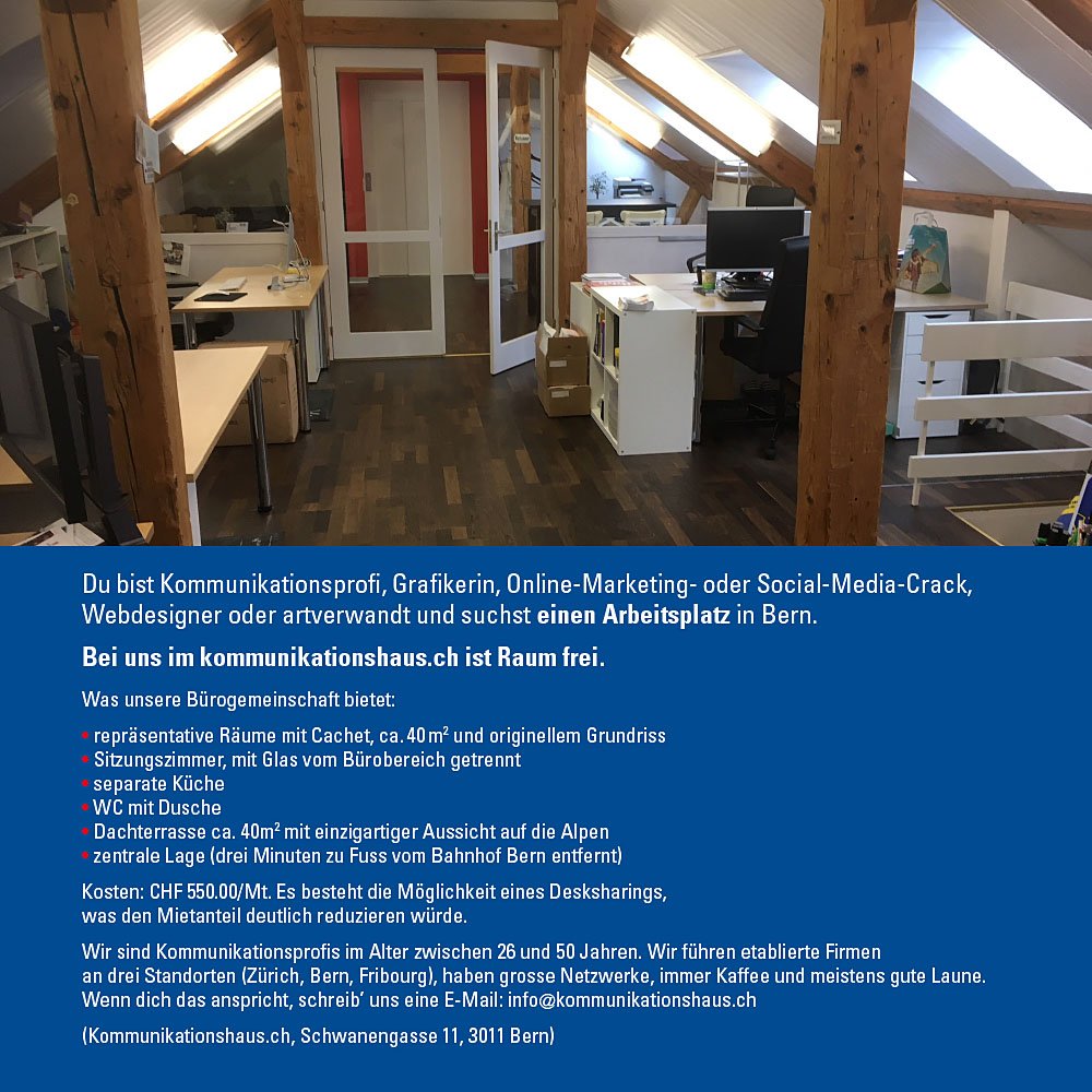 Mark_Balsiger's tweet photo. > Du: Kommunikationsprofi
Suchst: Arbeitsplatz
< Wir: Cracks im #kommunikationshaus Bern 
Bieten: Arbeitsplatz
- Vielleicht: ein Match. #PasseMueses 
Danke für RT! https://t.co/mv06blLjp8