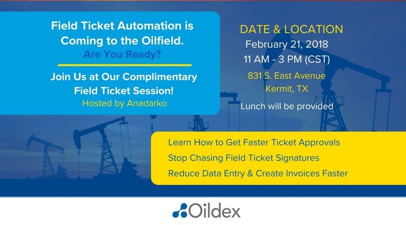 PhoenixOilfield's tweet photo. Join Oildex and Anadarko for a complimentary lunch and learn on the future of automating Field Tickets. Register here today!  https://t.co/smcVRI4XRe https://t.co/Sox8pskAvj