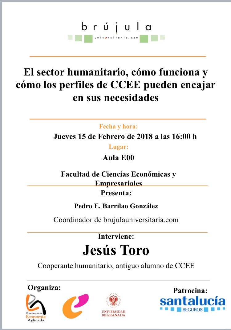 brujulauniver's tweet photo. Referencias en @ugrorienta, se puede ser útil en el sector humanitario y con pasión puede ser el camino por donde transite tu vida. Jesús Toro en @FcceeUgr este jueves a las 16:00 horas. Un ex alumno de CCEE motivado a mostrar su camino. @Pedroebarrilao y https://t.co/LDgnykuV7h https://t.co/jpgrURLHxO