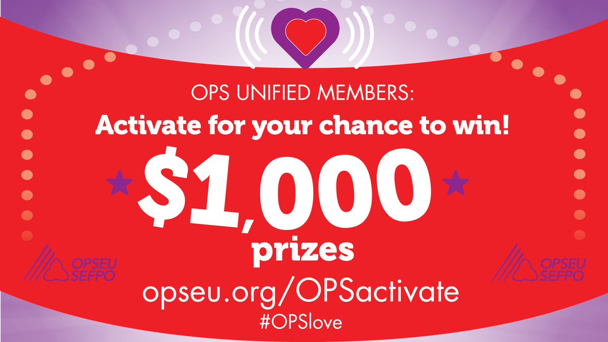 OPSEU's tweet image. OPSEU is sharing the #OPSlove with OPS Unified members on Valentine’s Day! Enter to win one of seven $1,000 prizes at opseu.org/opsactivate. Share with your OPS Unified co-workers so they can have a chance to win too! #OPSactivate #opseu #OPSunified