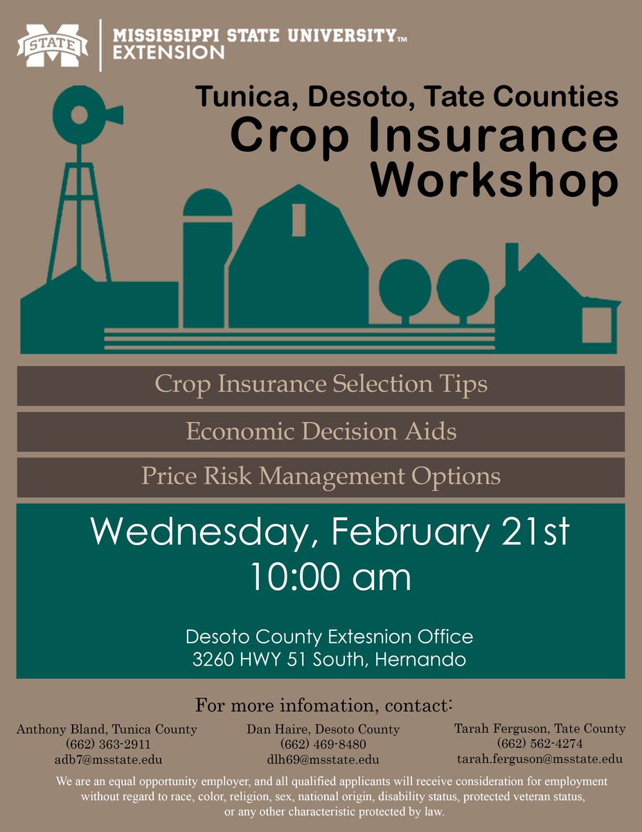 TateCountyExt's tweet image. .@MsStateAgEcon will be answering your questions on #cropinsurance next week! Be sure to have your questions ready!