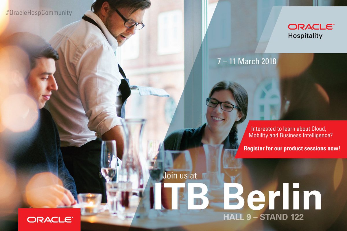 OracleHosp's tweet photo. Attending @ITB_Berlin 2018? Find #OracleHosp in Hall 09 #stand122 and interact with our solutions in our BRAND NEW Customer Experience Center. Register here for our product learning sessions https://t.co/V3w4av0ziO #ITBBerlin https://t.co/AfQgGdmHIv