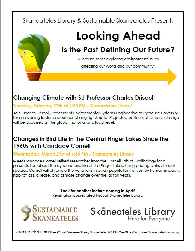 ctdrisco's tweet photo. Looking Ahead->Is the Past Defining Our Future? Changing Climate talk with Charles Driscoll at Skaneateles Library, Tuesday, February 27 6:30pm https://t.co/hDVwBHHIux