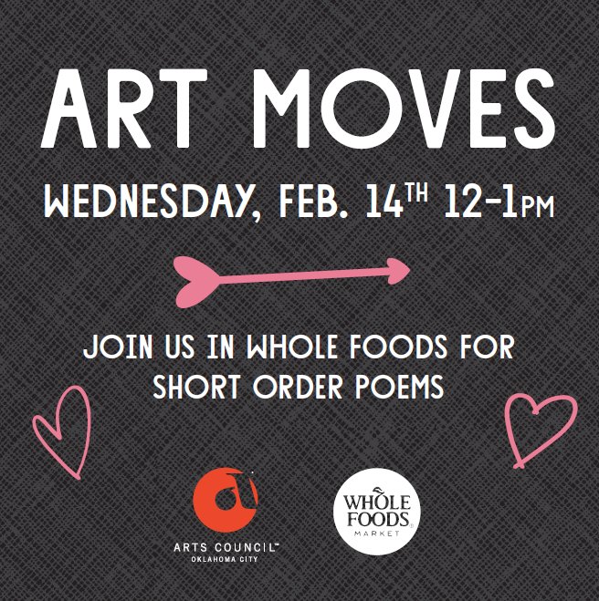 Today at Noon! Don’t miss your chance for <a href="/shortorderpoems/">Short Order Poems</a> to create a custom poem for your love! <a href="/artscouncilokc/">Arts Council OKC</a> #artmovesokc #WholeFoodsOKC #xoxo #valentines #AtTheTriangle