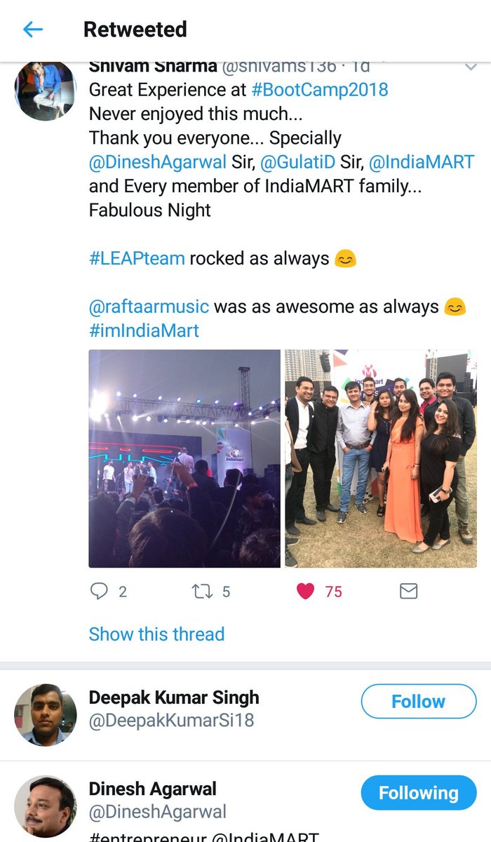 shivams136's tweet photo. @raftaarmusic @DineshAgarwal @GulatiD @IndiaMART Thank you so much sir for retweeting this tweet... This means a lot to me...

@DineshAgarwal @IndiaMART #imIndiaMart #Mission2020 #BootCamp2018 #IND https://t.co/3LqjAN9d8i