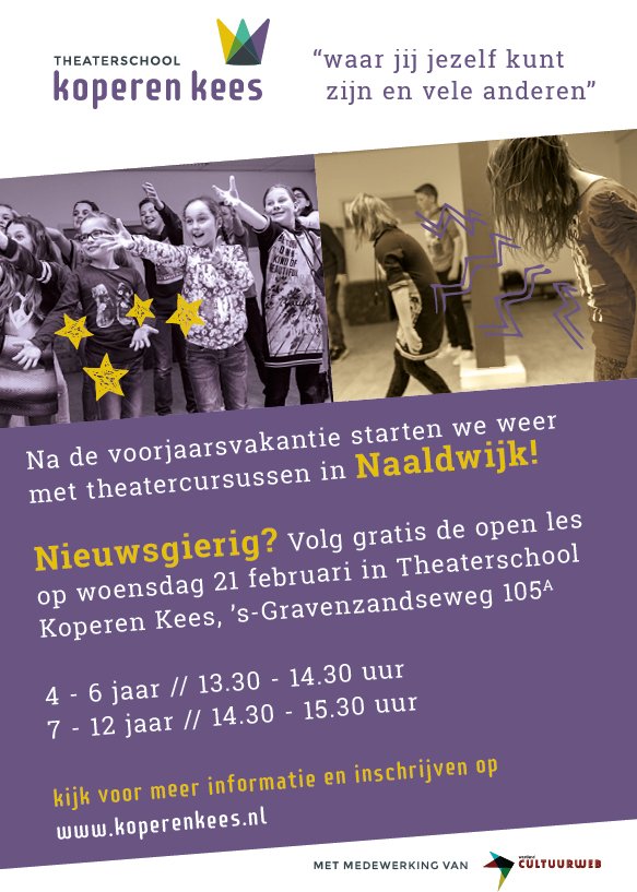 KoperenK's tweet photo. Volgende week woensdag 21 feb geven wij GRATIS open lessen voor kinderen van 4-12 jaar in #Naaldwijk #sGravenzande én #Monster. Check FB voor meer info! Aanmelden via info@koperenkees.nl #Westland #Theater #FUNFUNFUN https://t.co/6DItdYxnob