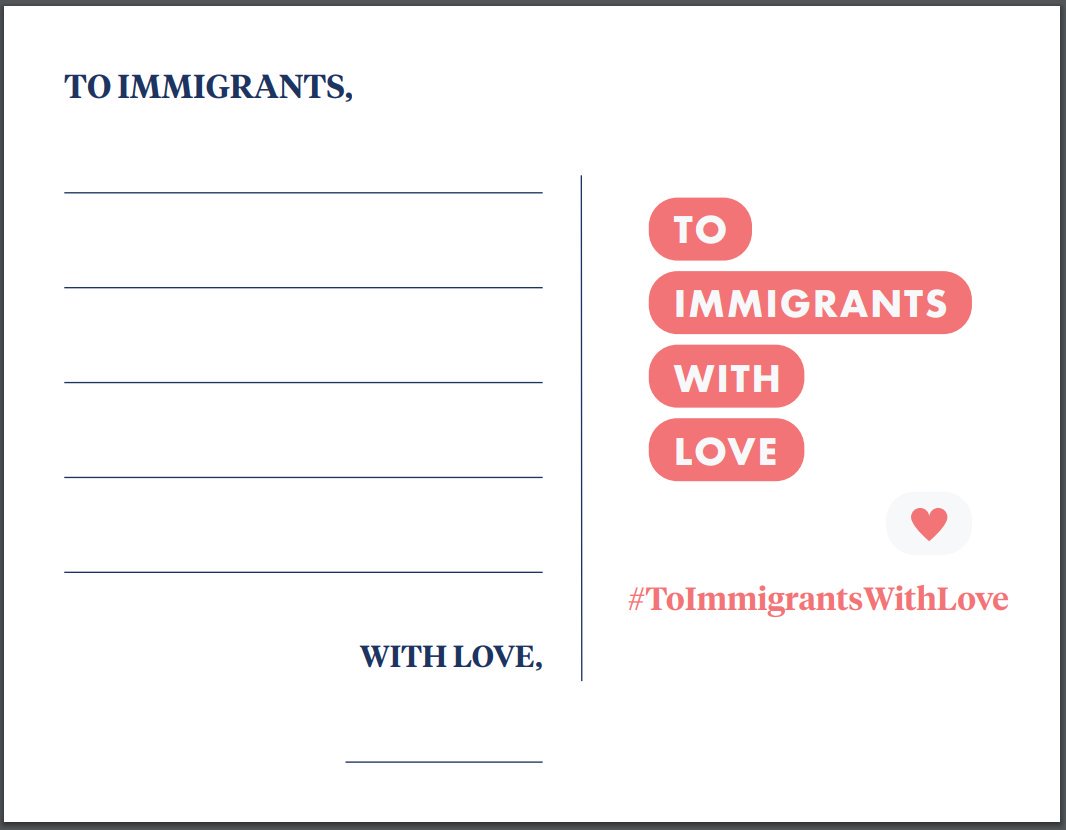 IndivisibleTeam's tweet photo. This Valentines Day, help us spread the love to our immigrant friends, coworkers, neighbors, and others, reminding them that they are loved, no matter what. https://t.co/L9QkiKE7Fc

We fight with you. 
We see you. 
We love you. 
#ToImmigrantsWithLove https://t.co/48h8xDrChB